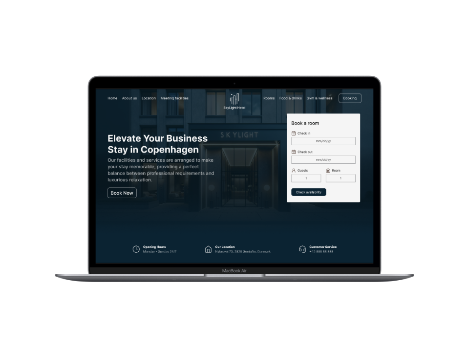 Desktop mockup of the SkyLight Hotel website design