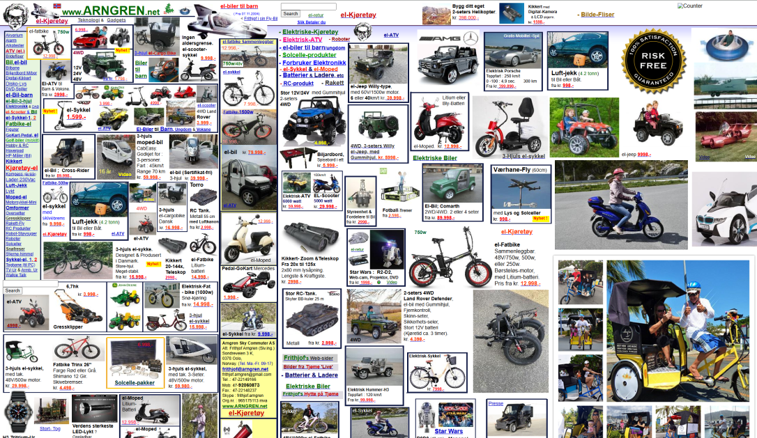 Screenshot of the original Arngren.net website showing a chaotic layout with product images randomly scattered across the page